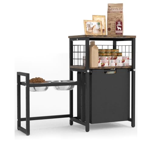 Elevated Dog Bowls Toy Basket Pet Feeding Station, Adjustable Dog Raised Bowl Stand with Pet Storage Organizer for Large Medium Small Dogs and Cats, Black (Include 2 Food Bowls)