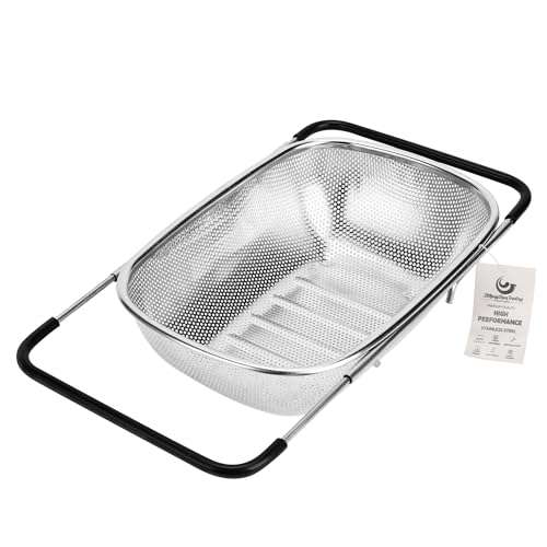 ZDRongZhen - Cesta coladora para colgar sobre el fregadero, colador de acero inoxidable con agarre de goma expandible, escurridor de fregadero, enjuague verduras, frutas, colar y drenar (agujero