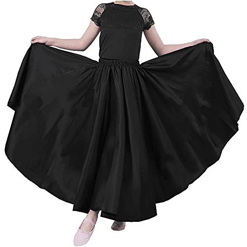 Mädchen Kinder Leistung Satin Kreis Rock Bauchtanz Kleid Stretch Taille (Schwarz, geeignet für Mädchengröße 140~150 cm) Cover