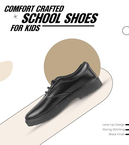 Image of GAITO Premium Black School Shoes for Boys | Synthetic Leather Upper with Durable PVC Sole & Soft EVA Insole | Comfortable, Lightweight, Non-Slip Lace-Up Uniform Shoes for Daily School Wear