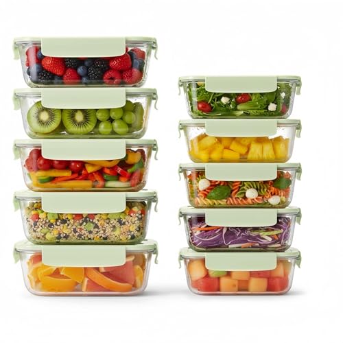 10 PCS Glass Food Storage Containers with Lids 2 Sizes Containers for Kitchen Food with Snap Locking Lids for Microwave Oven Fridge and Dishwasher Green