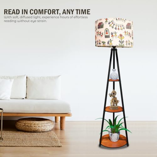 Image of Rellon Floor Lamp with 3 Storage Shelves, Metal FloorLamp for Living Room Standing Home Decoration FloorLamp Shade Reading for,Office,Kitchen,Bedroom (A3)