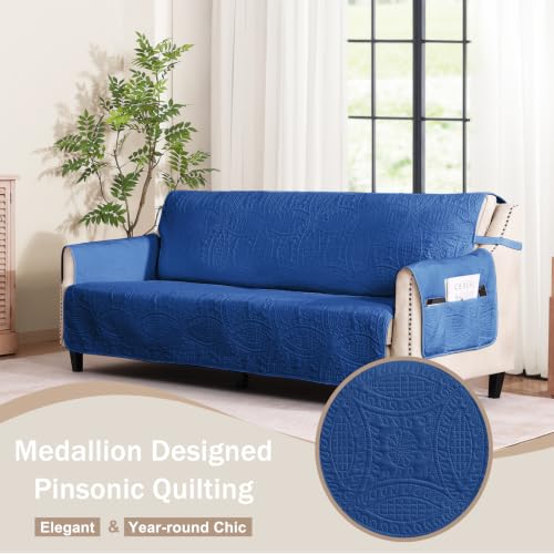 Image of Soft Quilted Couch Cover with Pockets for Extra-Large Sofa, Anti-Slip Sofa Covers Washable for 3 Cushion Pet Friendly, Oversized Sofa Cover Water-Repellent (X-Large Sofa 78 inch, Blue)