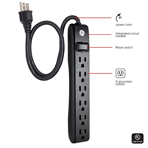 Ge 6-Outlet Power Strip, 2 Ft Extension Cord, Heavy Duty Plug, Grounded, Integrated Circuit Breaker, 3-Prong, Wall Mount, Ul Listed, Black, 14831 #TOP1