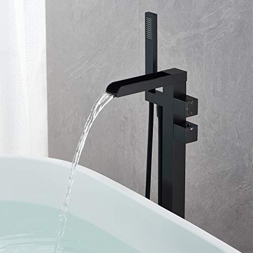 Wowkk Thermostatic Freestanding Bathtub Faucet Waterfall Tub Filler Black Floor Mount Brass Bathroom Faucets with Hand Shower