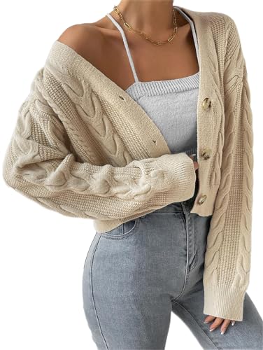 Women's Long Sleeve Button V Neck Soft Knit Cardigan Sweaters Cropped Cardigan Sweaters for Women Cute Cable Knit Outerwear