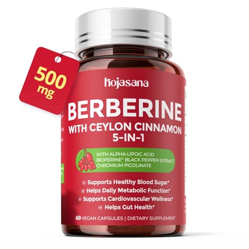 HojaSana 500mg Berberine with Ceylon Cinnamon for Blood Sugar, Cholesterol & Metabolism* | Gluten-Free, Non-GMO & Vegan Berberine Supplement | 60 Capsules