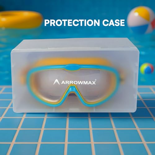 Image of ArrowMax Swimming Goggles for Kids 3-14 Years | Anti-Fog Swim Goggles with UV Protection & Ear Plugs | Leak-Proof Adjustable Goggles for Boys & Girls | Free Case Included (Blue /Yellow)