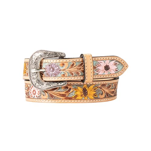 ARIAT Girls' Genuine Leather Belt - Hand-Painted Daisies & Sunflowers w/Floral Engraved Buckle