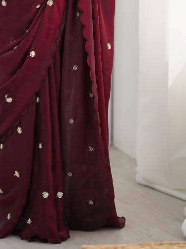 Image of AKHILAM Women's Satin Silk Sequence Embroidery Saree With Unstitched Blouse Piece