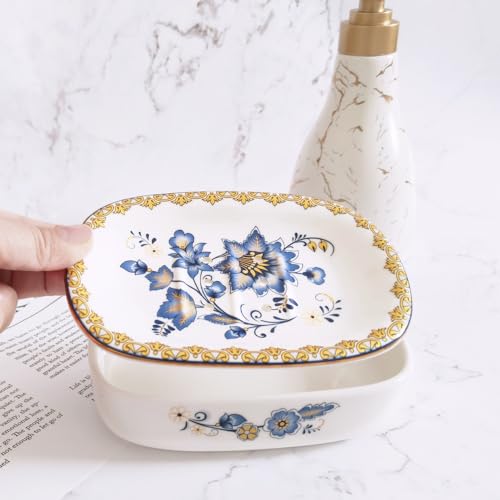 Self Draining Soap Dish, Double-layer Bar Soap Tray, White Ceramic Soap Dish with Elegant Patterns (Style D) - Image 3