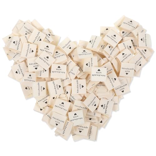 Sorcristy 200 Stück Handmade Label, Stoff Labels zum Annähen Kleidungszubehör Kleideretiketten zum Einnähen Textiletiketten Größenetiketten Stoffetiketten für Kleidung Schals Hüte