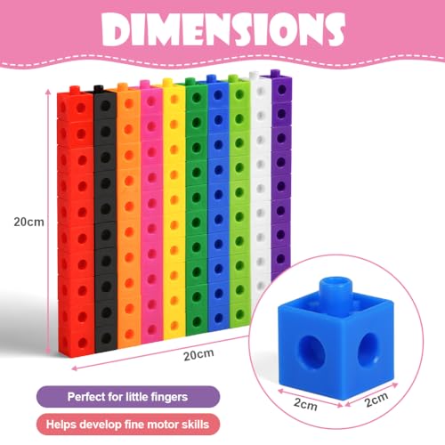 HOTUT Learning Resources MathLink Cubes, 100 Pcs Maths Cubes with 10 Colours, Linking Cubes, Early Years Maths Learning, Magic Counting Blocks, Counting Block Set for School and Home - 2 CM