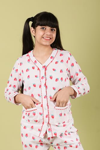 Image of Tweeny Mini Kids Girls Pure Rayon Night Suit | Sleepwear| Night Wear | Nightdress | Top Shirt & Pyjama Combo Set Floral Printed with Pockets Full Sleeves