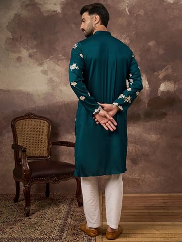 Image of Men's Calf Length Silk Blend Embroidered Solid Kurtas | Men | Kurtas for Mens | Straight Fit Kurta for Men's