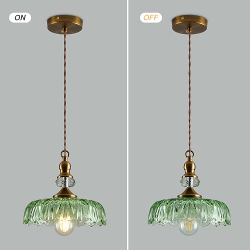 Image of CVKASH Vintage Glass Pendant Light Fixture Green Adjustable Chandelier Modern Gold Hanging Ceiling Light for Farmhouse Dining Room Living Room Bedroom Entryway Kitchen Island
