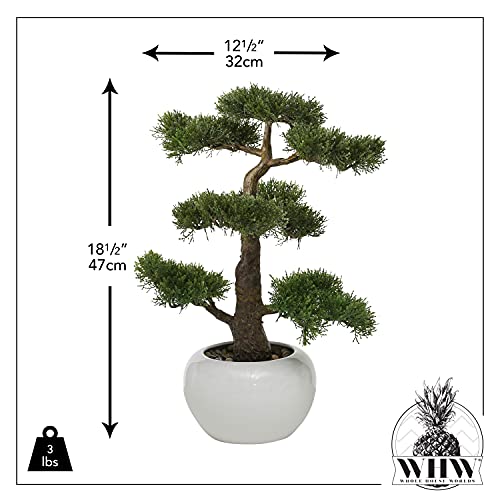 Realistic Faux Cedar Bonsai Tree, Houseplant, White Round Pot, Pebbles, 18.5 H Inches, 3.0 Lbs #TOP3