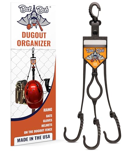 BatBob Baseball Dugout Organizer, Helmet, Glove, Bat Holder Dugout Fence for Baseball & Softball, Single Bat Rack & Accessories Hanger, Bat and Helmet Organizer, Made in the USA