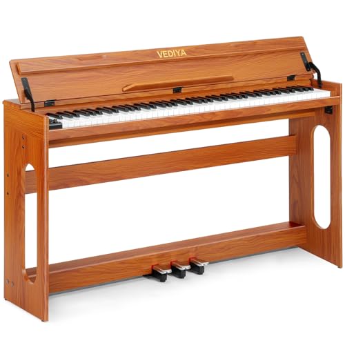 Vediya Digital Piano Keyboard 88 key,Semi-Weighted Electric Piano,Wooden Desk Full Size Upright Electric Piano, Acoustic Piano for Beginners,Triple Pedal,USB-MIDI Compatibility (Brown)