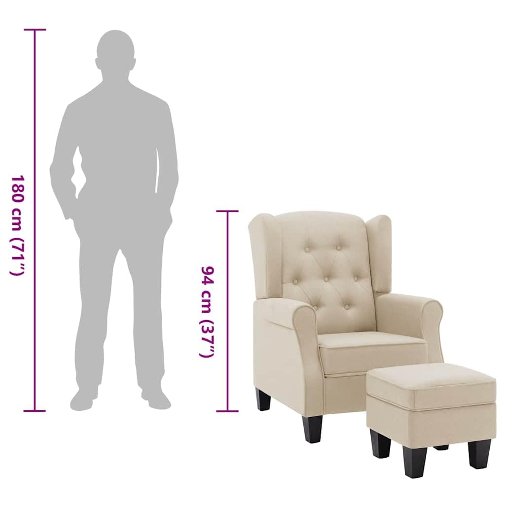 Fotel z podnóżkiem, kremowa tapicerka, 68 x 78 x 94 cm, z wysokim oparciem i drewnianą ramą, mebel wypoczynkowy do salonu, ergonomiczny i wygodny do czytania i relaksu
