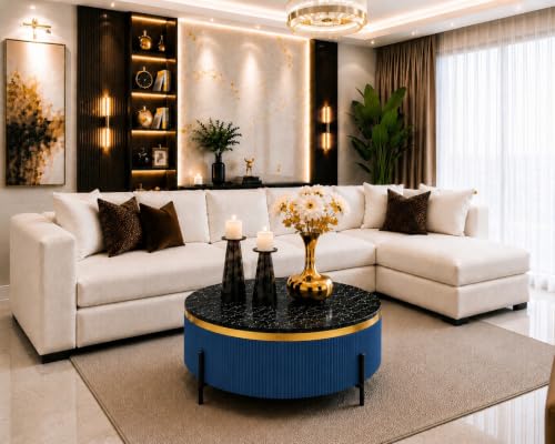Image of WOODEN SPACE Premium Luxury Nazaara Marble-Top Coffee Table with Iron Legs & PVD Coating | Modern Round Wooden Center Table for Living Room & Entryway (Light Blue, 30 Inch)