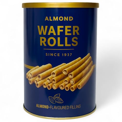 MIJOMA Waffelröllchen - Knusprige Waffelrollen mit feiner Cremefüllung - Premium-Snack nach traditionellem Rezept - Süßgebäck in Dose (400g Mandel)