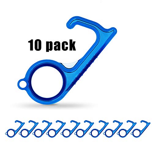 Non Contact Hands Free Door Opener Tool – 10-Pack of Contactless Door Opener and Stylus Keychains – Lightweight Plastic Touchless Key Tool Set for ATMs, Elevator Buttons, and More by E.L.D. (Blue)