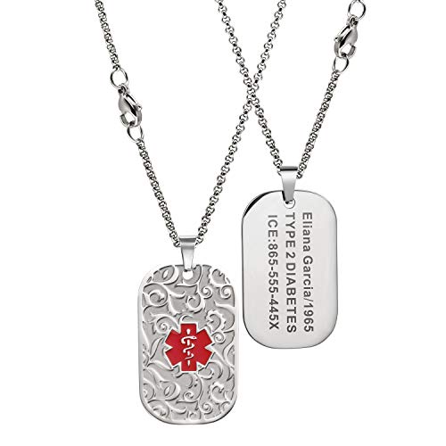 MunsteryAid Customize Patterned Medical Alert Dog Tag Necklace with Free Engraving for Men Women, Personalized Emergency Identification ID Necklace,2 Color Option (Red)