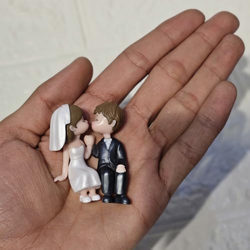 Image of Miniature Cute Couple Figurine, PVC Wedding Cake Topper, Bride and Groom on Bench, Dollhouse Accessory, Garden Decor (White Wedding Couple)
