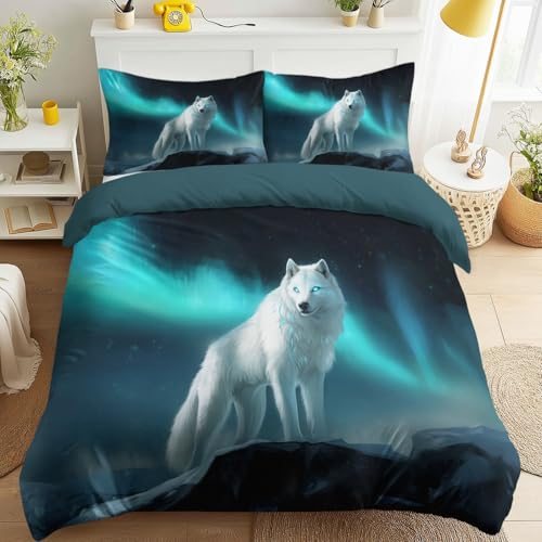 Générique Housse de Couette 260 x 240 cm, Loup Blanc 3D Ciel Nocturne Aurores Boréales, Bleu Fantaisie, Parure de Lit Microfibre Doux pour Amateur Animaux,...