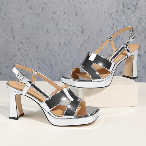 Image of ROSERWISH Heels for Women Chunky Block Platform High Heels Square Open Toe Strappy Heel Sandals Wedding Party Prom Fashion Slingback Dress Pump Sandals Shoes
