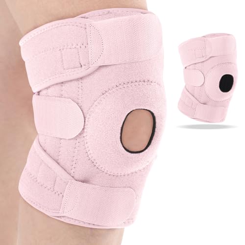 Foilswirl 1 Pcs Kids Knee Brace with Side Stabilizers Patella Gel Pads Adjustable Straps Youth Child Knee Brace Support for Meniscus Tear Sports Meniscus Tear (Pink)