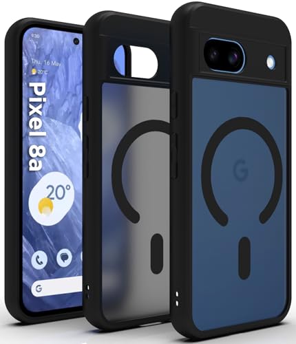 Image of RIGGEAR Shockproof Sleek Hybrid Armor Upgraded C-Shaped Magnetic Back Cover Case Compatible with MagSafe Accessories for Google Pixel 8A (Smoke Black Matte PC + Black TPU Bumper)