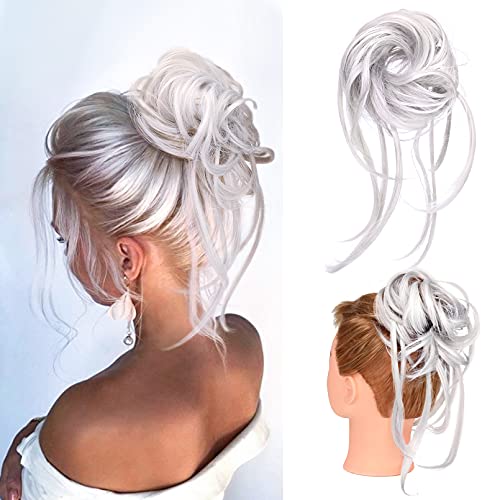 Messy Bun Hair Piece, HOOJIH Super Long Tousled Updo Hair Bun Extensions Wavy Hair Wrap Ponytail Hairpieces Hair Scrunchies with Elastic Hair Band for Women Girls - Silver Gray