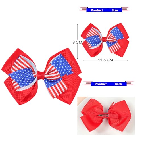 Nishine Grampos de cabelo para meninas de 4 de julho com laço patriótico bandeira americana estrelas