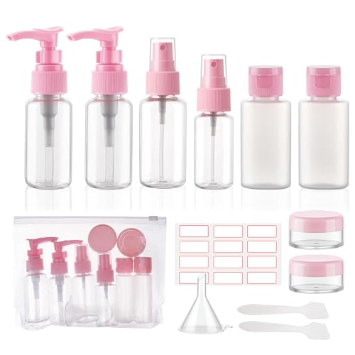 Hokretme Botellas de viaje para artículos de tocador, paquete de 13 botellas de aseo aprobadas por la TSA, a prueba de fugas, artículos de tocador de tamaño de viaje para mujeres y hombres, bolsa de