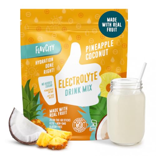 FlavCity Pineapple Coconut Electrolytes Powder Packets - 28 Hydration Packets - No Added Sugar - Hydration Powder with Real Fruit & Unrefined Sea Salt - Keto & Gluten-Free (28 Stick Packs)
