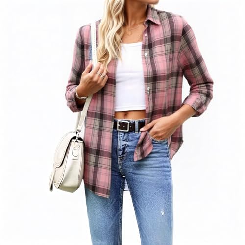 Flannel Shirt Women Casual Long Sleeve Button Down Plaid Shirts Collared Business Casual Loose Fit Cowgirl Tops3