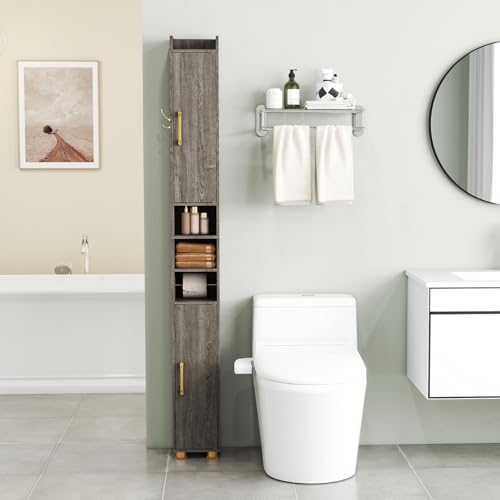 Image of Tangkula Narrow Bathroom Cabinet, 69.5 inch Tall Storage with 2 Doors & Adjustable Shelves, Toilet Paper Rod & Side Hook, Anti-toppling Design, Slim Floor Cabinet for Small Spaces (Gray, 1 Pack)