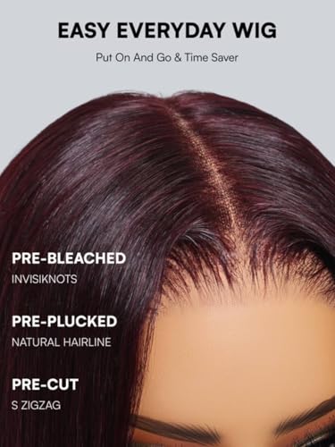 Image of Beauty Forever Glueless Bob Wig Human Hair Body Wave Black Cherry HD Lace Bob Drawstring Wig with Face Framing Bangs 150% Density 14 Inches Pre Plucked Pre Cut Bye Bye Knots Ready to Go Blow Out Wig