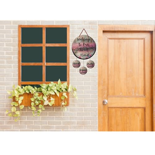Image of GENXTRA Wooden Welcome Home Round MDF inchWelcome To Our Sweet Home inch Wall Hanging with 3 Mini inchGood Vibes Only inch Charms - Decorative Wooden Plaque Set of 4 for Entryway & Living Room, or Balcony | Decorative Plaques for Housewarming (HOME 02)