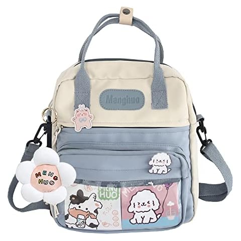 LYEAA Kawaii Rucksack for Student, Cute Aesthetic Travel Backpack, Japanese Harajukue Canvas School Bag with Kawaii Pin and Accessories Laptop Bookbags (01-Blue) Cover
