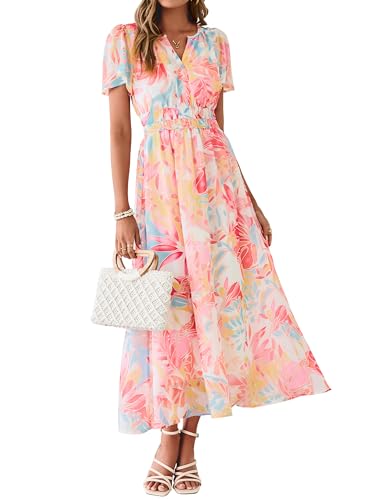 Simplee Women Floral Summer Maxi Dress Boho Flowy Casual Chiffon Short Sleeves V Neck Long Wedding Guest Dresses Red Yellow Floral M