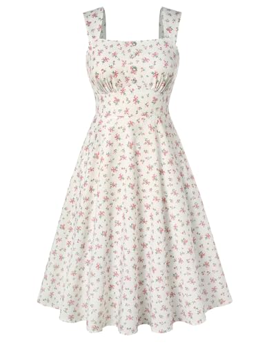 Belle Poque Square Neck Sundress for Women A Line Midi Dress Summer Cocktail Tea Party Dress with Pockets