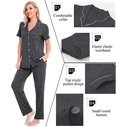 Image of SWOMOG Women Pajama Sets Two-Piece Nightwear Short Sleeve Sleepwear Button Down Pj Lounge Sets with Long Pants