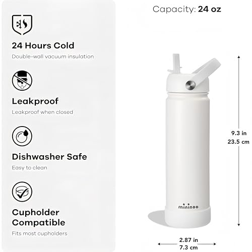 Insulated Stainless Steel Water Bottle with Straw, Ceramic-Lined, BPA-Free & Leak-Proof, 24 oz, White