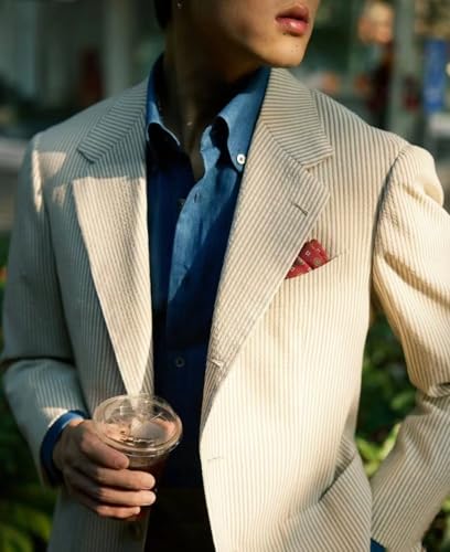 Men Seersucker Sports Jacket Suits Coat Classic Summer Blazer Seersucker Suit for Men Beach Wedding Tuxedo Blazers4