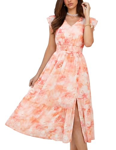 Image of GRACE KARIN 2026 Womens Summer Dresses V Neck Ruffle Sleeve Floral Boho Beach Dress A-Line Swing Midi Wedding Guest Sundress
