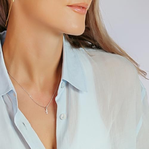 Gold Cross Necklaces for Women | 1 cm 925 Sterling Silver Cross Pendant on Cross Chain | Hypoallergenic | Dainty and Minimalist | Rhinestones (No rhinestone)4