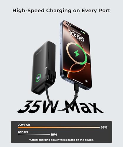 Image of Portable Charger Power Bank - Battery Pack 35W AC Plug GaN 10000mAh Built in Cable USB C Phone Fast Charging Powerbank Compatible with iPhone 16 15 14 13 12 11 X iPad MacBook Samsung (Black)